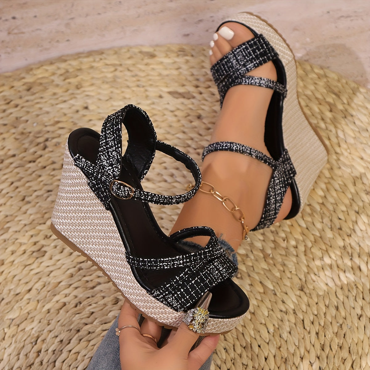 Women's wedge heeled sandals with open toe, platform design, and buckle strap for comfort.