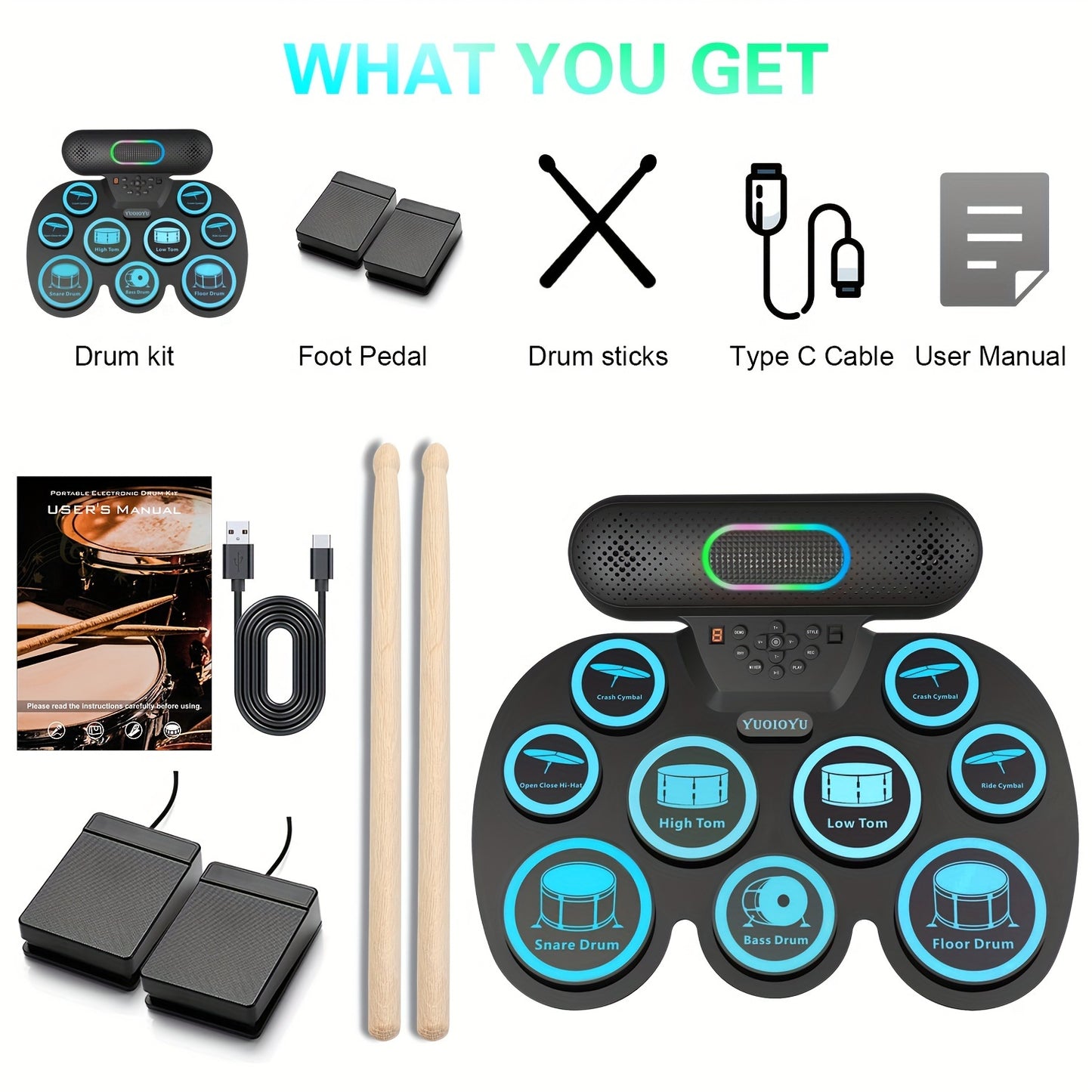 Portable foldable silicone electronic drum set with dual built-in speakers, USB charging, rechargeable lithium battery - black electric drum pad kit with roll-up design for beginners and