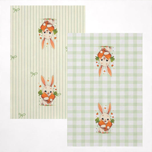 Two pieces of high-quality tea towels featuring a rabbit and carrot design, measuring 45.72x66.04cm. Made of soft, quick-dry polyester, these towels are highly absorbent and machine washable. The modern design boasts vibrant colors, making them ideal for