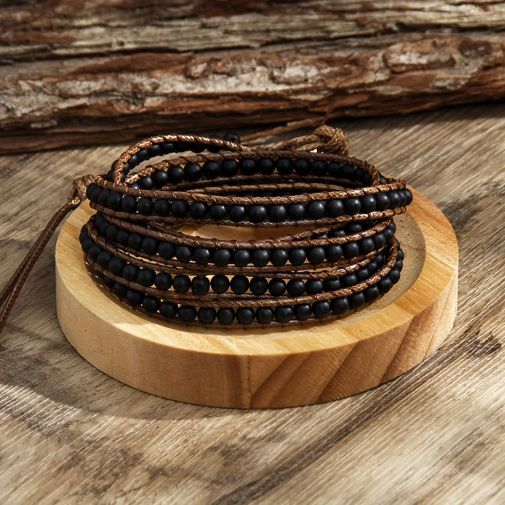 Women's Bracelet with a Bohemian Style, Waxed Cord Braid and Adjustable 5 Rows Wrap