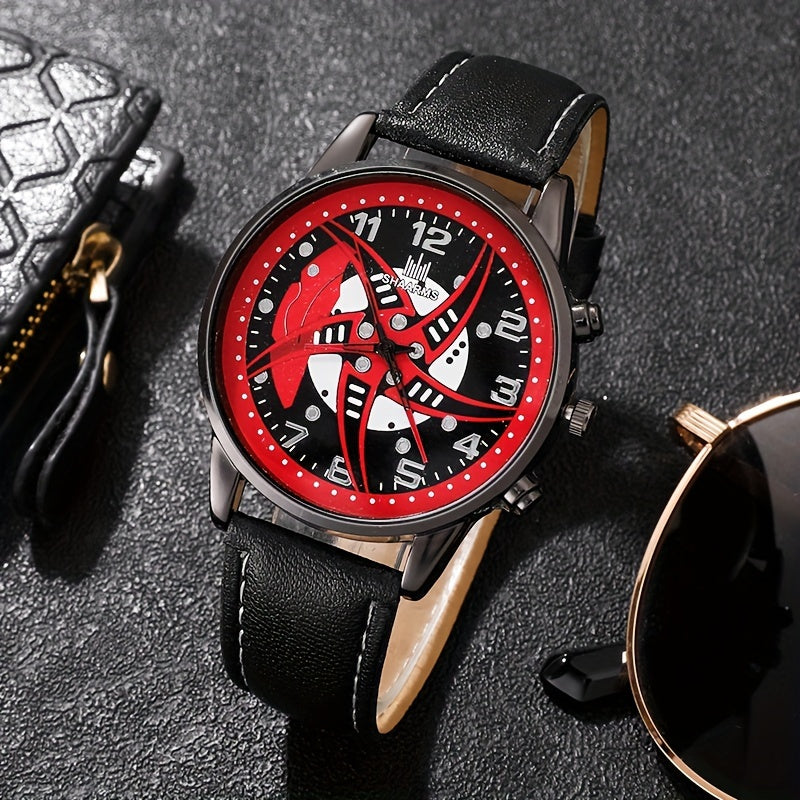 Set of 5, Men's Red Black Fashion Quartz PU Leather Watch and Bead Bracelet Set, Perfect Gift for Him.