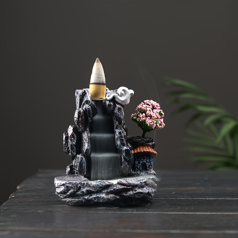 Elegant flower waterfall backflow incense burner made from handcrafted resin, purifies air and enhances room decor, perfect gift.