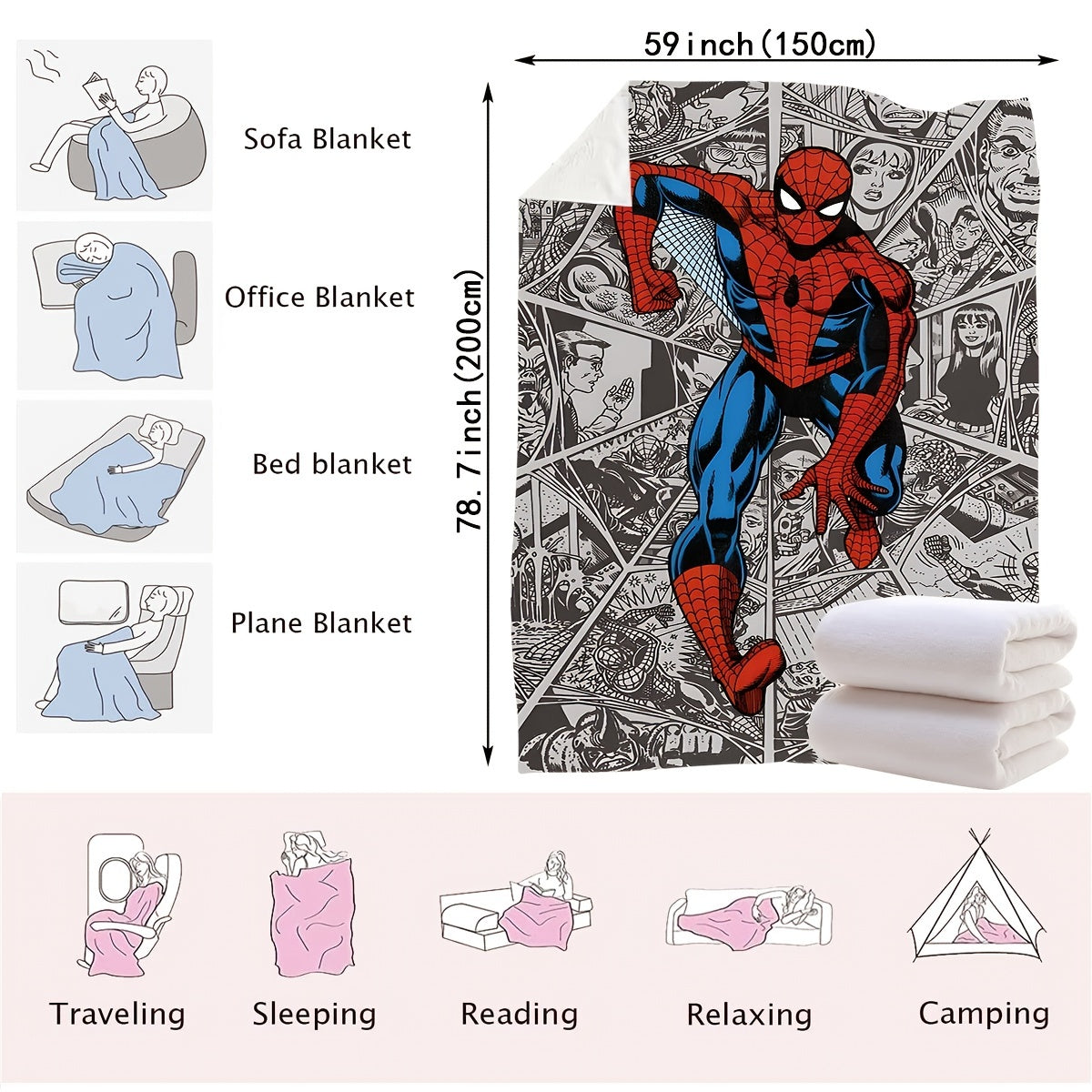 This multi-functional blanket features a vibrant 2024 New Dynamic Spider-Man City Chase comic book page pattern, digitally printed on plush cover material. Perfect for use during nap time, office lunch breaks, on the sofa, in the car, or while traveling.