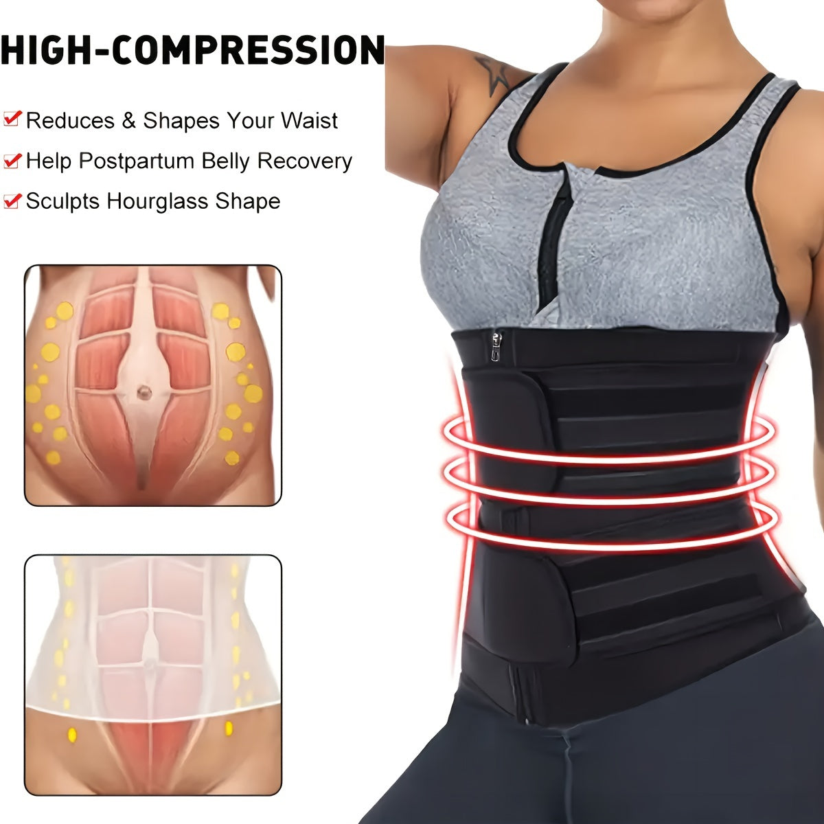 Neoprene and polyester sports waist trainer with zipper closure, thermal activity, medium control level, machine washable, sweat-wicking.