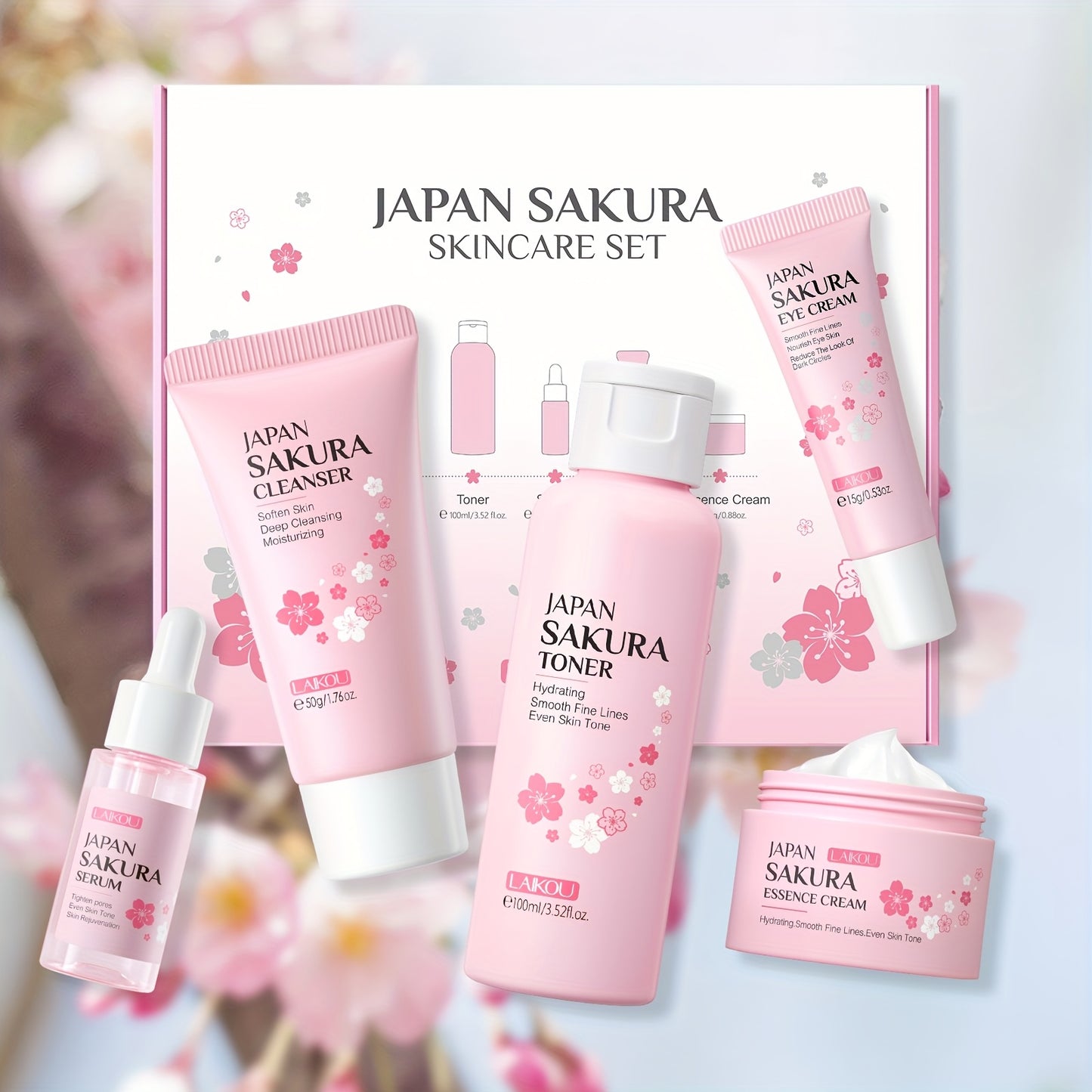 Sakura Skin Gift Set includes serum, cleanser, toner, eye cream, and face cream for daily skincare routine.