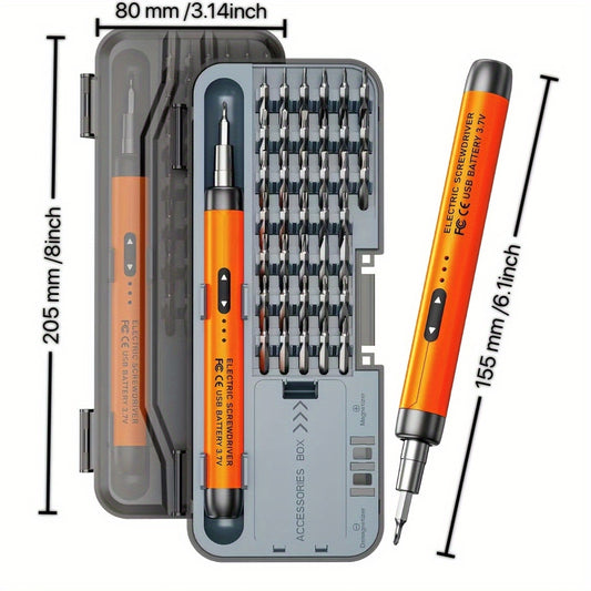 Blivrig cordless electric screwdriver set with 38 magnetic precision bits, USB rechargeable lithium battery. Ideal for precision repairs on phone, laptop, camera, watch, and computer.