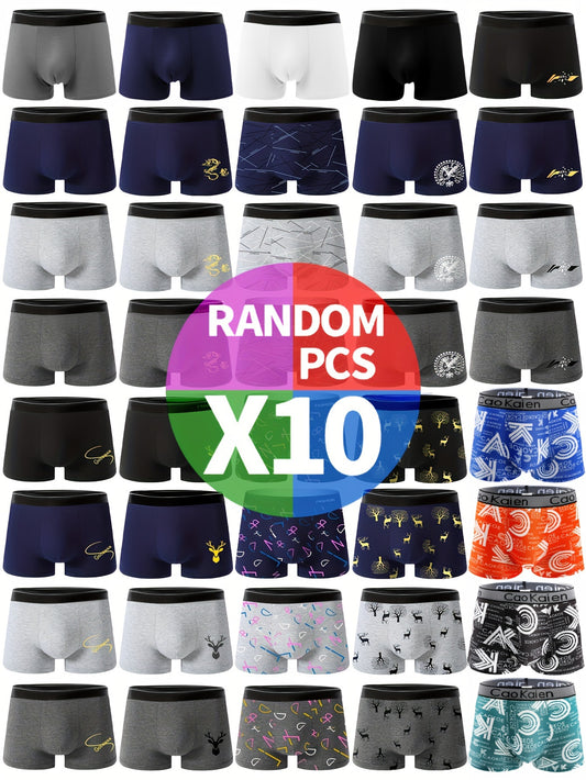 10 Men's Fashion Boxer Briefs in a breathable, stretchy blend of polyester and elastane. Machine washable and non-transparent with geometric patterns.