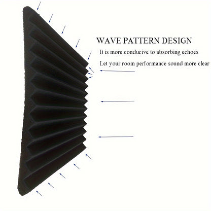 96 pieces of black acoustic foam wedge soundproof wall panels measuring 30.48x30.48x6.35 cm. High-density foam suitable for various settings like studios, bedrooms, offices, gyms, and