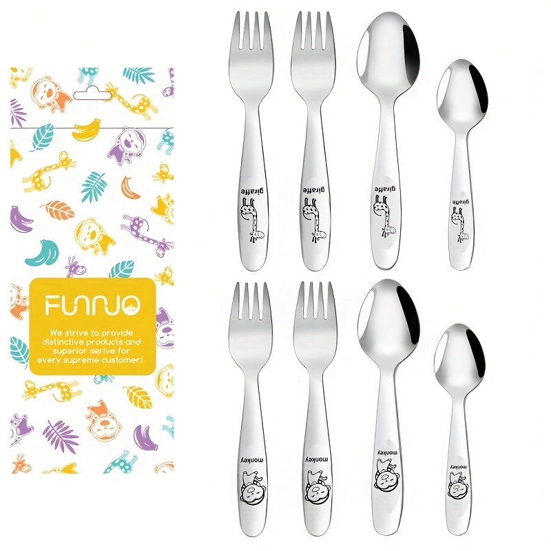 Set of 4 Stainless Steel Utensils (Spoons and Forks) for Safe Self-Feeding. Flatware Sets with Mirror Polished Finish, Dishwasher Safe