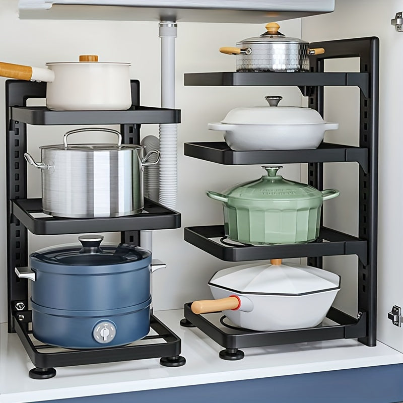 Stainless steel pot rack with adjustable height, available in 3-tier or 4-tier options. Ideal for kitchen or restaurant use, with durable metal construction and space-saving design.