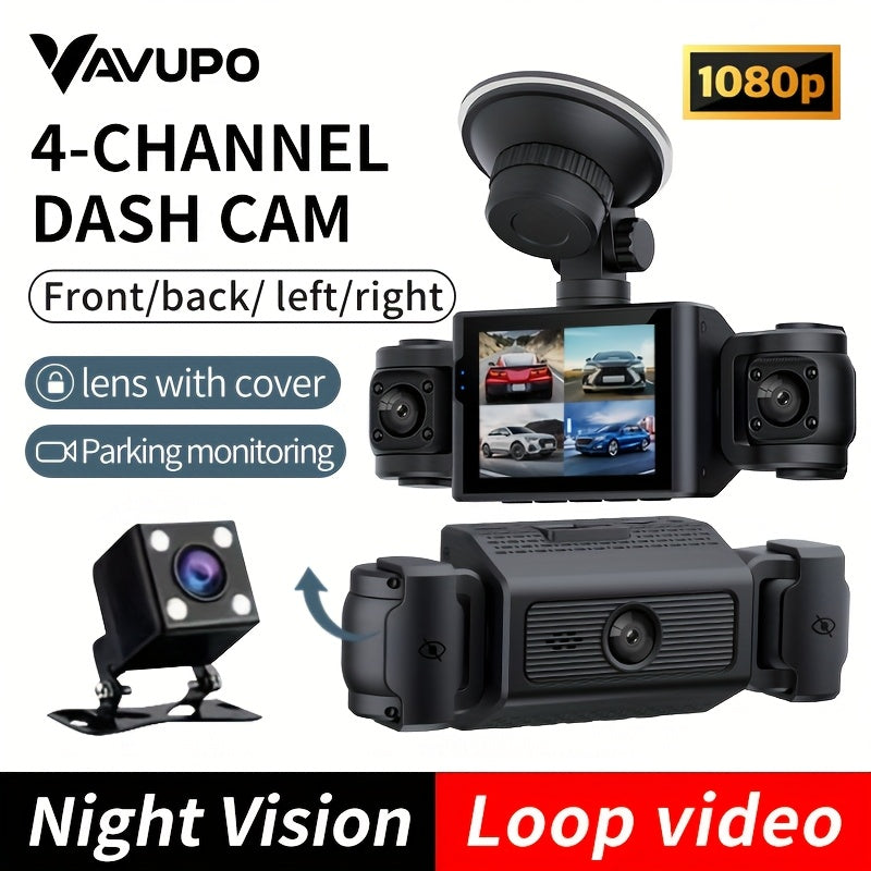 VAVUPO 4-Channel HD 1080P Dash Cam Kit with Wide-Angle Lens, Audio, Loop Recording, G-Sensor, Night Vision, Motion Detection, and 32GB SD Card Support in Black.