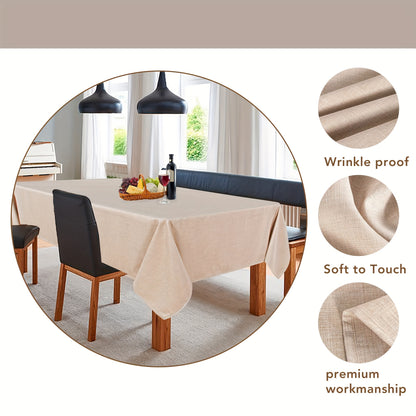 Beige waterproof polyester tablecloth for various occasions, including picnics, holidays, camping, weddings, birthdays, parties, and restaurant buffets, as well as for home kitchen and dining table decor.