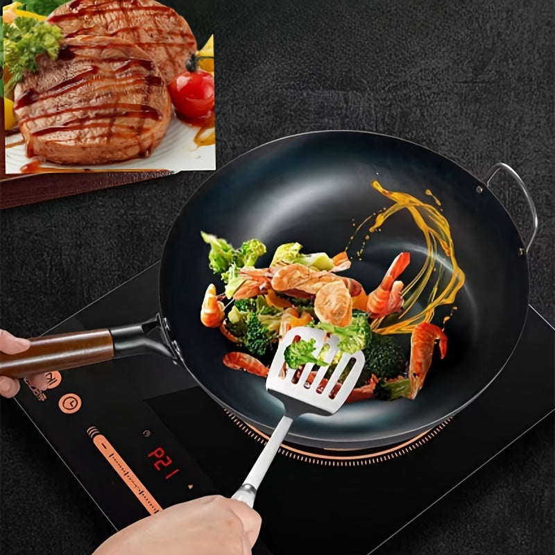 32.0cm Cast Iron Skillet with Non-Coated Flat Bottom, Ideal for Gas and Induction Cooktops, Perfect for Outdoor BBQ and Pizza Making, Detachable Pan