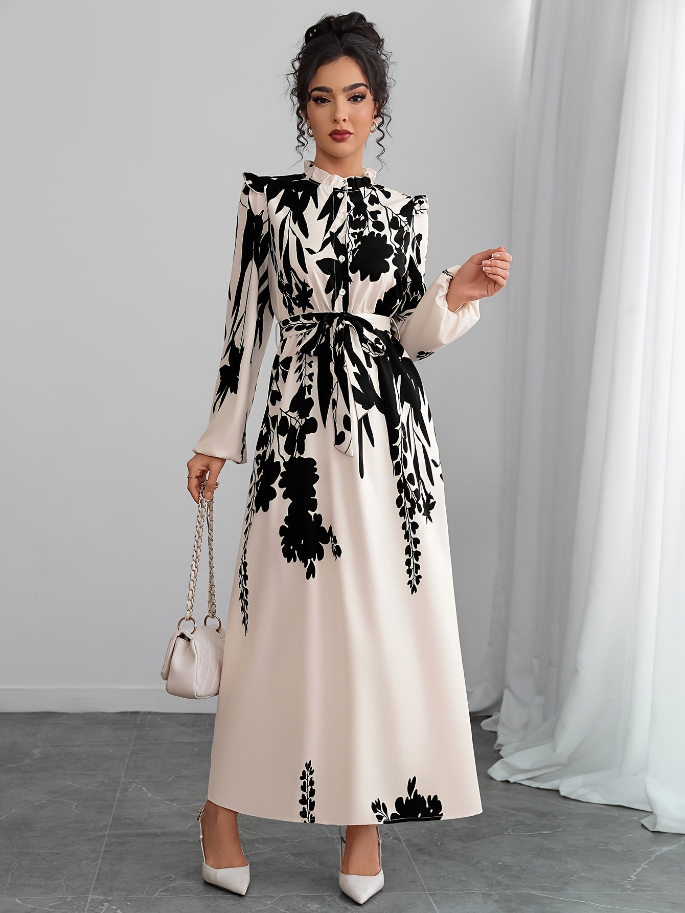 1pc Elegant floral print long sleeve A-line dress for women with lace-up detail, stand collar, versatile for spring/summer/fall. Made of woven polyester.