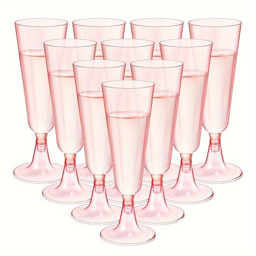 25 pieces of plastic clear disposable champagne flutes, including crystal pink champagne flutes. These cocktail cups and plastic glasses are perfect for weddings, picnics, gatherings, and parties. Get yours now for all your party supply needs!