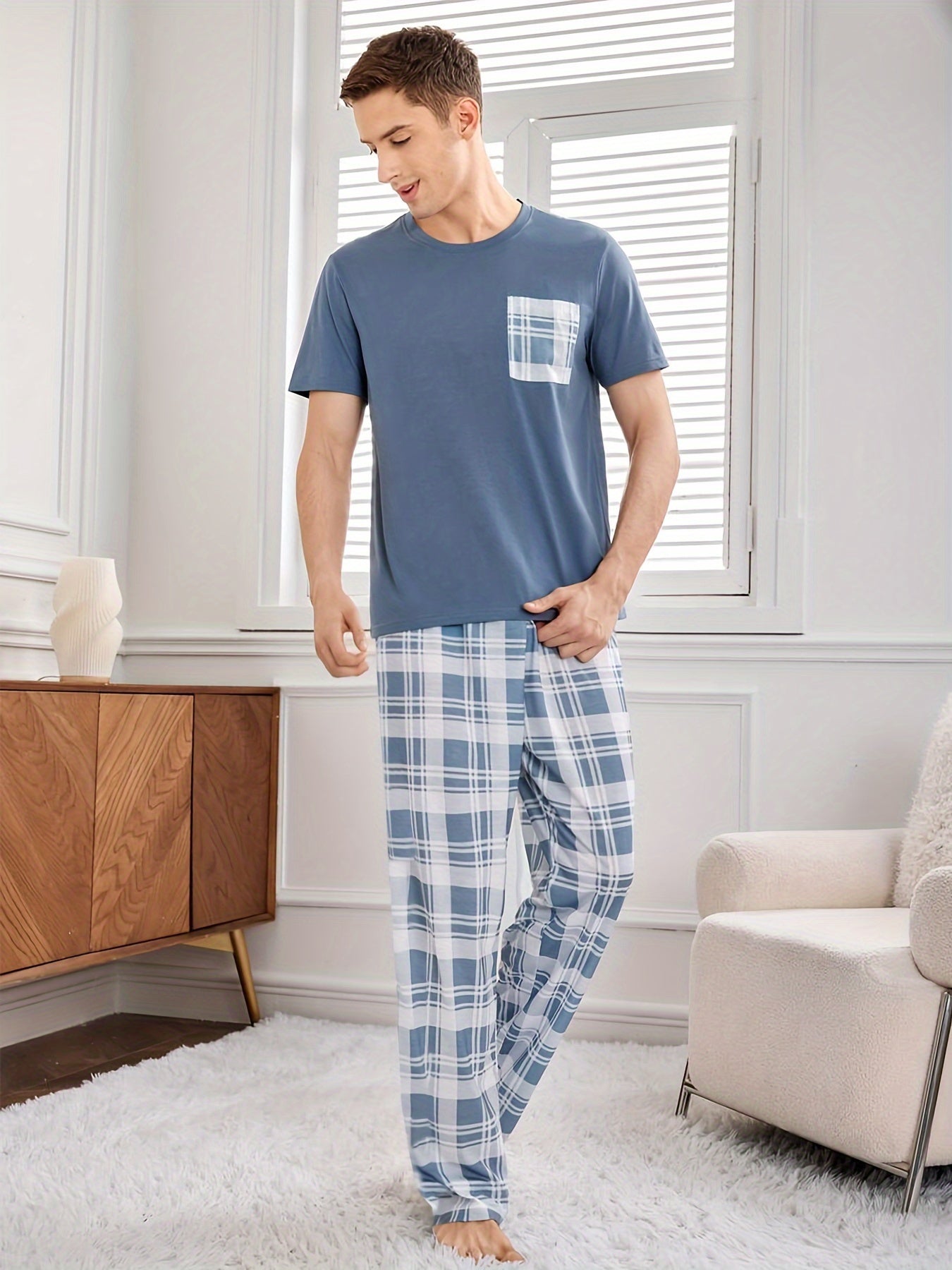 Men's Casual Plaid Pajama Set with Pocket, Short Sleeve, Polyester Knit Fabric, All-Season Comfort, Round Neck, Pullover Design