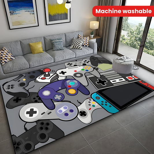 Game Controller Pattern Area Rugs available in various sizes (19 x 31, 31 x 47, 47 x 62, 62 x 90 inches). Made of anti-slip and machine washable polyester fiber carpet. Ideal for use in bedrooms, living rooms, offices, and gaming rooms. Perfect for