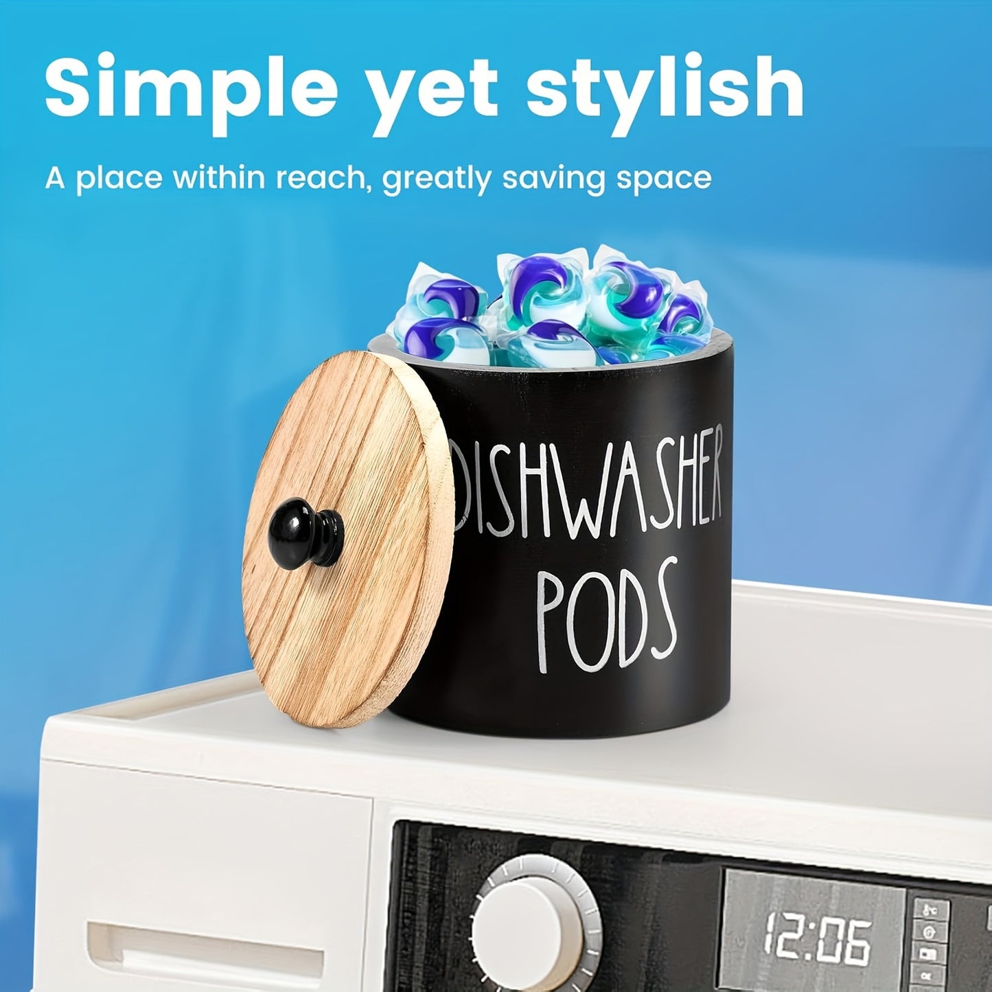 Wooden laundry pods container with lid for kitchen decor and organizing.