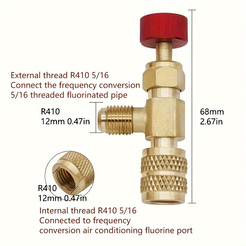 Refrigeration charging adapter for R410A and R22 air conditioning systems, compatible with 1/4" liquid safety valve hose and R22 copper adapter. Essential hand tool parts for maintenance, including refrigerant vacuum switch and R22 detection tool.