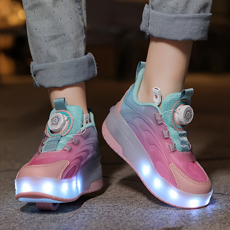 LED roller skates with TPR sole, fabric inner, EVA insole, rotary buckle closure, and lithium polymer battery. Suitable for ages 14+, can be used indoors or outdoors for sports training all