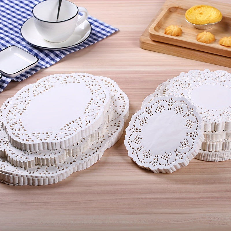 50 pieces each of lace paper, oil absorption paper pads, lace rolls, fried dim sum cakes, flower base paper, baking paper, food pads, pizza paper, and cake pads in three different shapes.