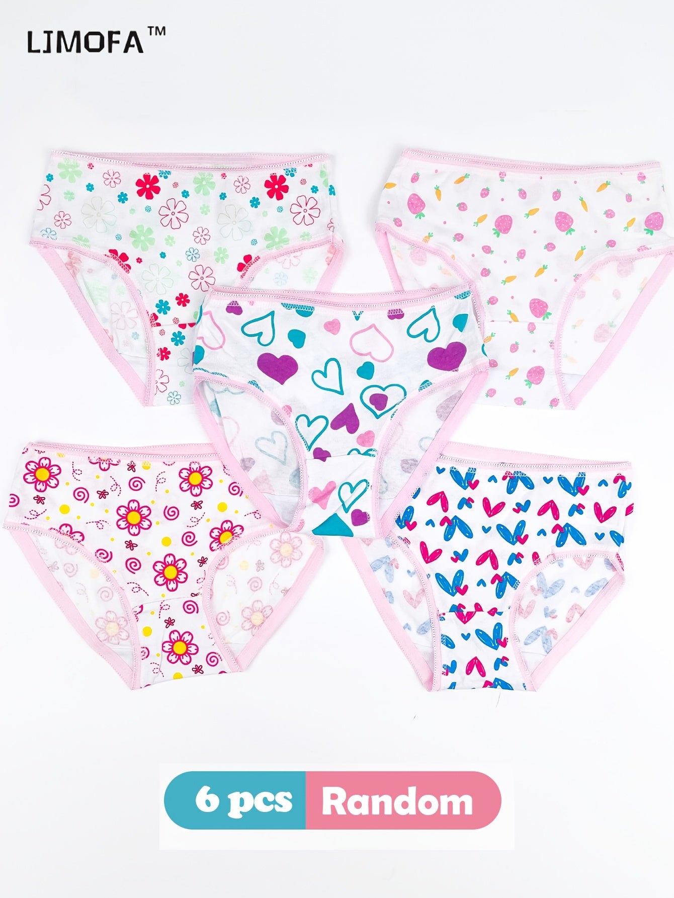 6 girls' cotton panties with love & floral patterns, soft lace underwear