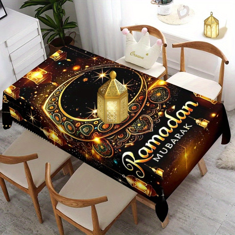 Elegant Ramadan Mubarak tablecloth with ethnic moon print, ideal for Eid celebrations, picnics, and home decor.