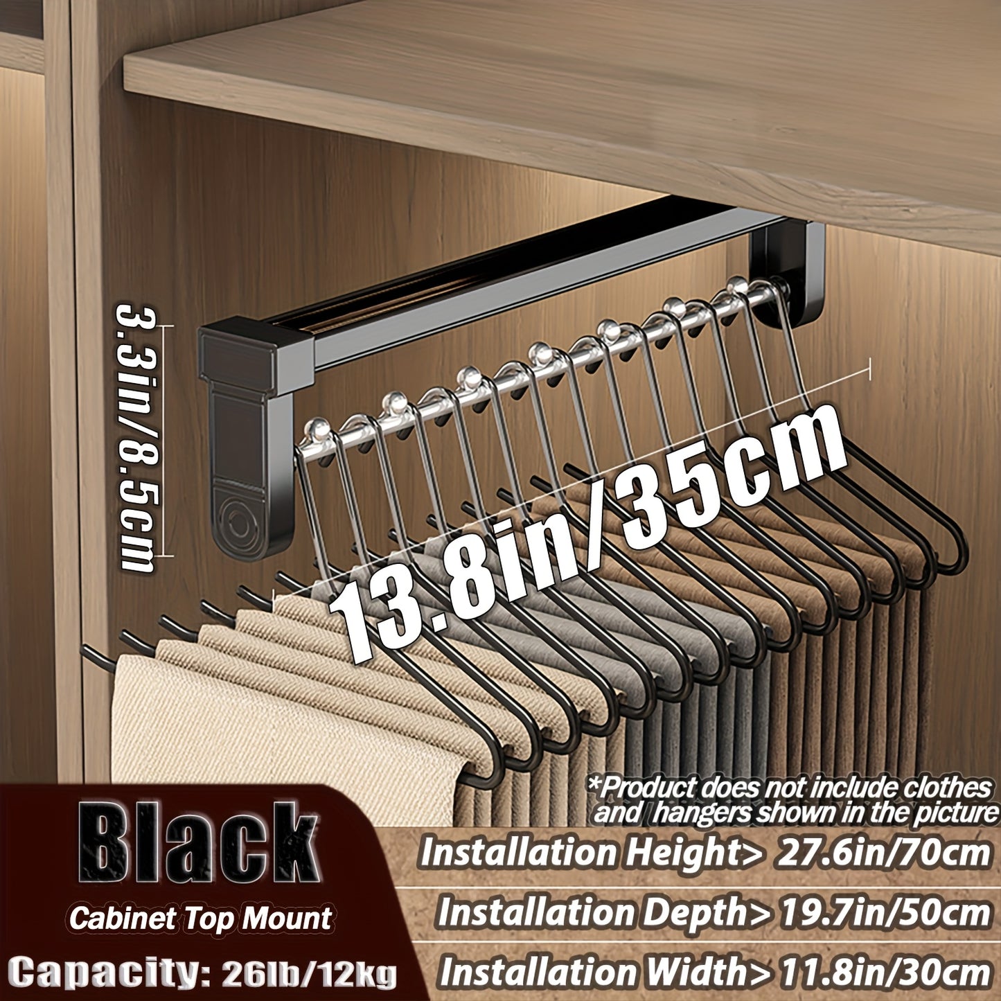 Metal closet organizer with sliding pants rack, extendable storage drying rack, hanging rod, steel ball divider, space-saving design for wooden wardrobe.