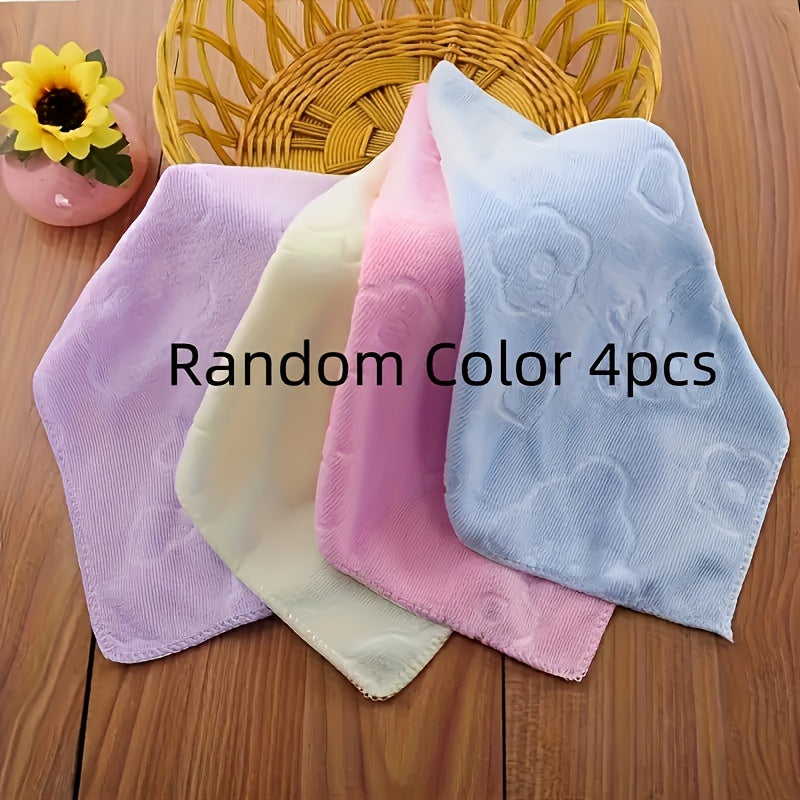 Set of 4 ultra-soft microfiber towels in pastel colors with cartoon dot pattern, perfect for bathroom and kitchen use.