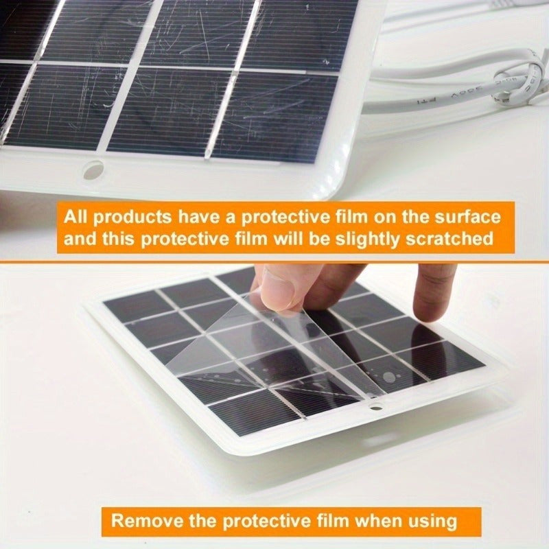 Portable USB solar panel charger for outdoor use, ideal for camping, travel, and emergencies. Charges mobile phones, flashlights, and fans. White solar charger with USB ports for on-the-go