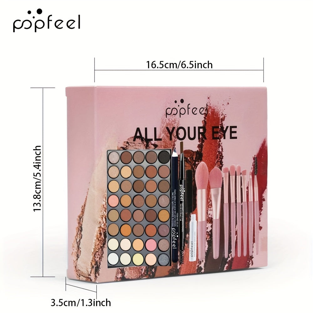 POPFEEL Eye Makeup Set including 40 Color Eyeshadow Palette, Mascara, Eyebrow Pencil, Eyeliner, and 8 Brush Set.