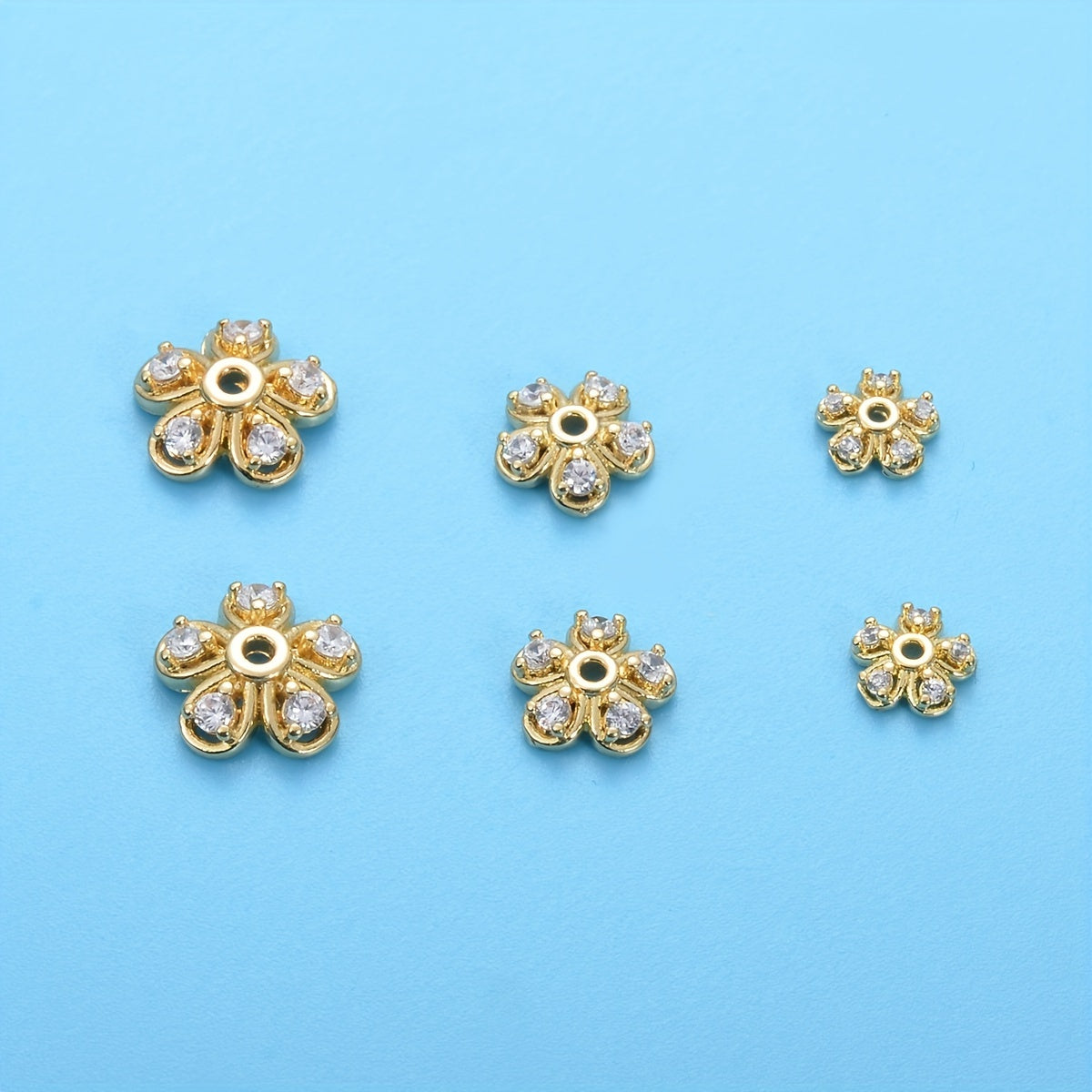 Brass Flower Bead Caps with Synthetic Cubic Zircons - Set of 20 pieces in a bag, including 10mm, 8mm, and 6mm sizes. Perfect for creating stunning jewelry pieces.