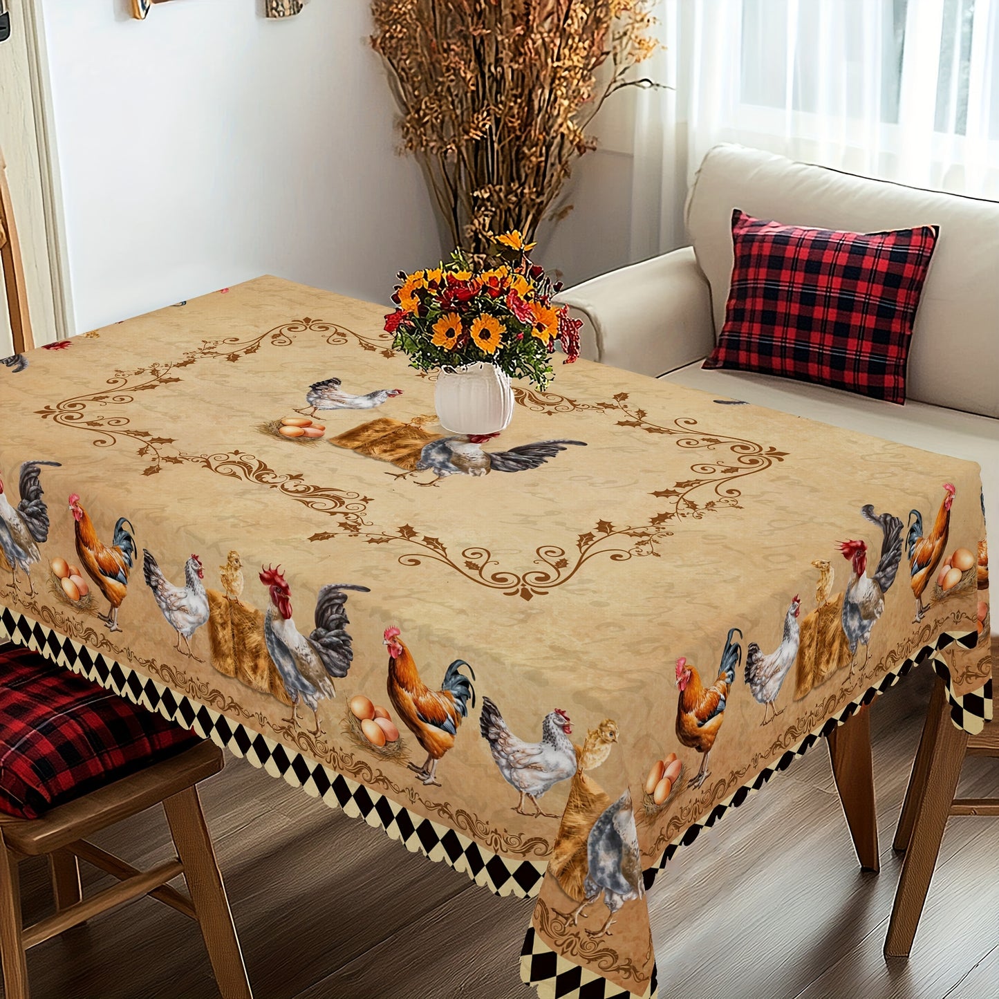 Retro farmhouse tablecloth featuring rooster, chick, and egg prints for daily use in homes, restaurants, terraces, picnics, and courtyards. Suitable for indoor and outdoor settings. Great gift for family and friends.