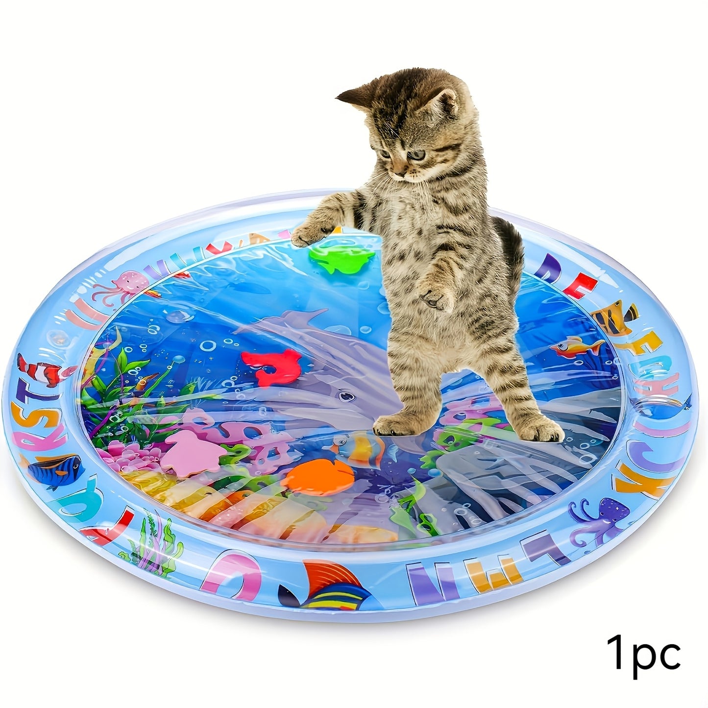 Interactive water-sensitive cat play mat with floating fish design, splash-proof PVC material. Ideal pet toy for indoor cats.