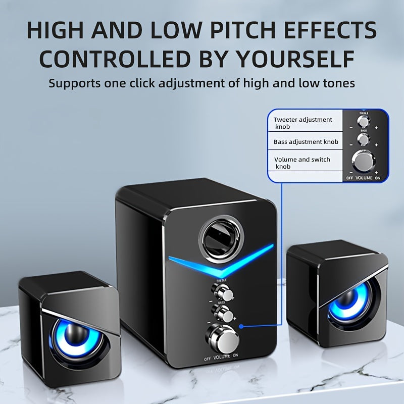 Desktop stereo speaker with LED lighting, compatible with devices with 3.5mm audio output.