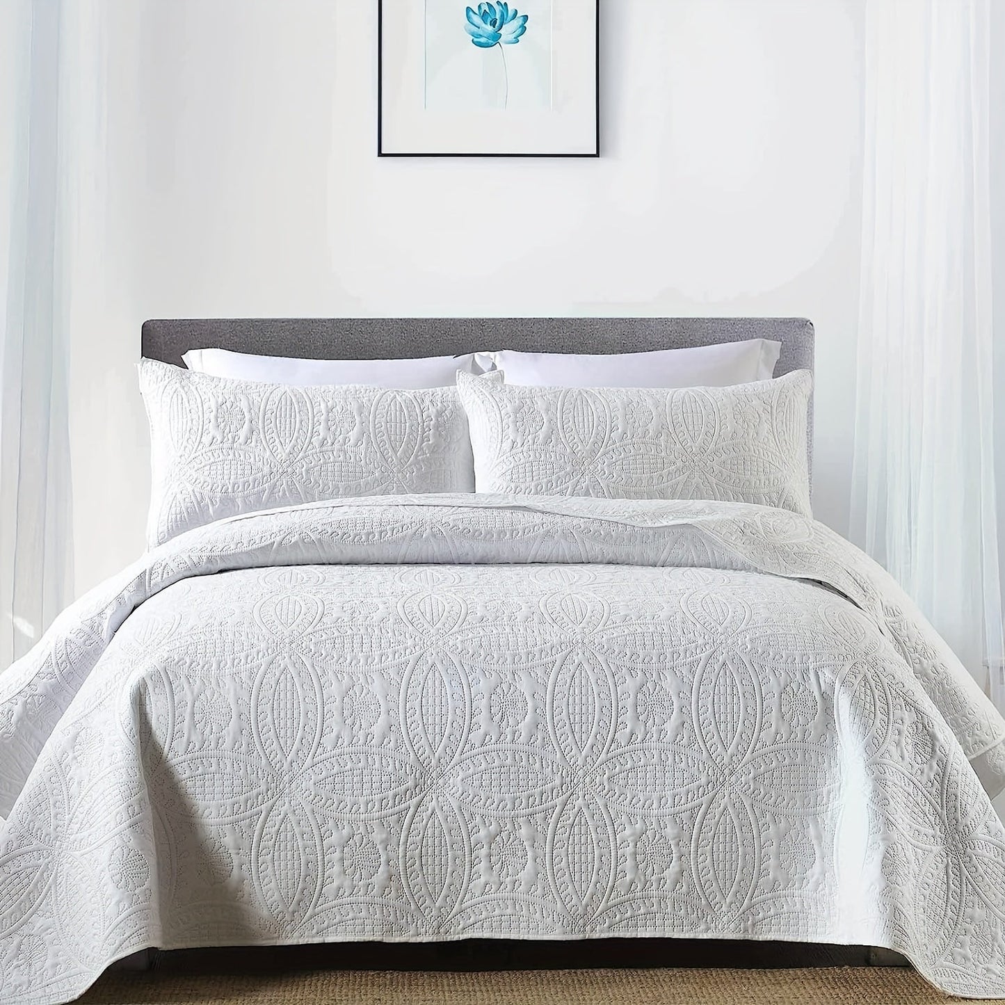 Comfortable and airy three-piece bedspread set featuring Soundwave technology and embossed circles design. Set includes one bedspread and two pillowcases, ideal for adding a touch of summer comfort to your bedroom or dorm decor. The perfect addition to