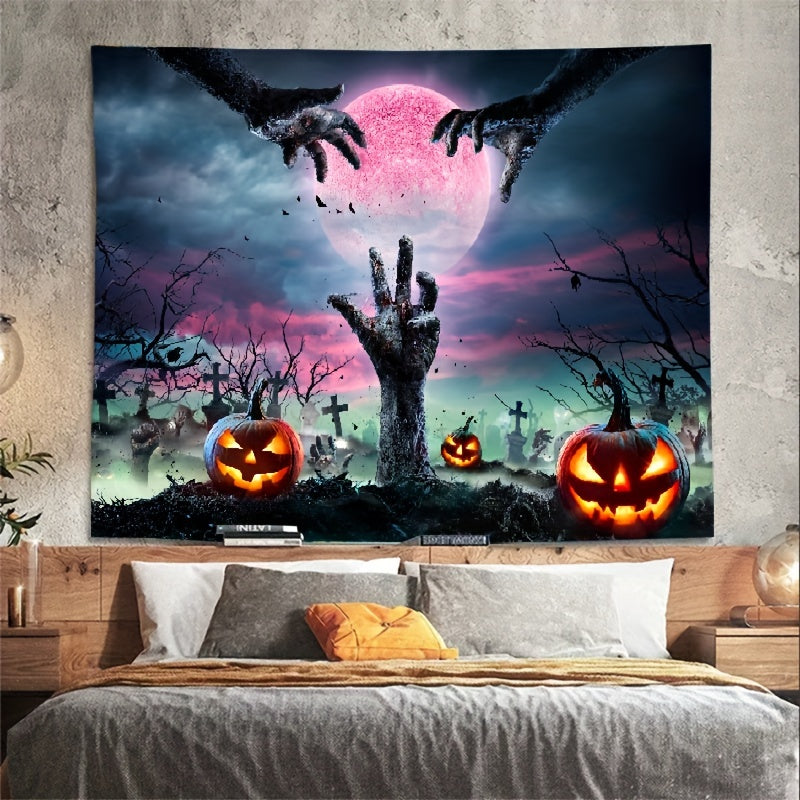 Spooky Halloween Tapestry featuring Tomb Hands, Carved Pumpkins, and Haunting Magical Background – Perfect for Halloween Home Decor