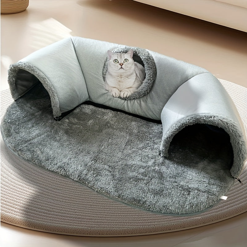 Cozy cat tunnel bed with play mat and warm nest for small to medium pets.