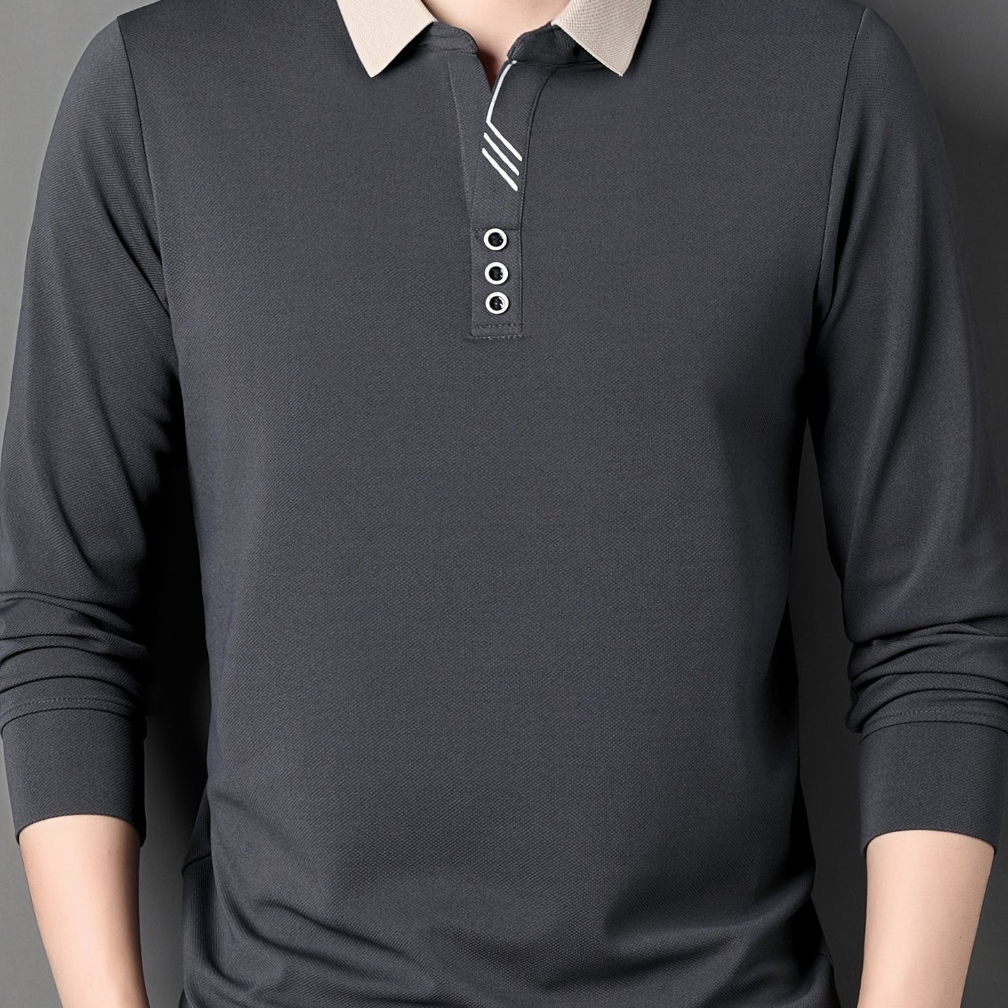 Men's Casual Golf Shirt for Outdoor Adventures, made of 100% Polyester Knit Fabric, featuring Long Sleeve with Lapel Collar and Button Detail in Solid Color, Regular Fit.