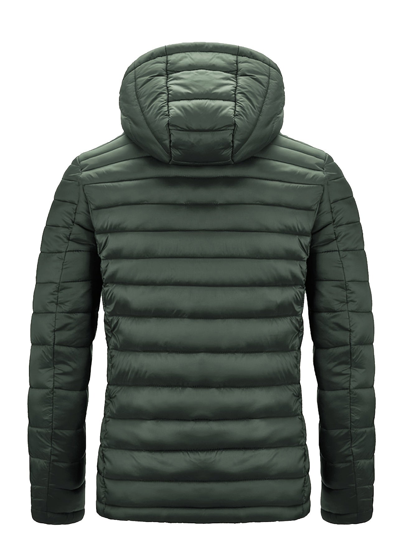 Men's winter hooded jacket with green and orange zipper pockets, made of a warm nylon-polyester blend. Features a full-zip design, ribbed cuff sleeves, and quilted insulation for casual