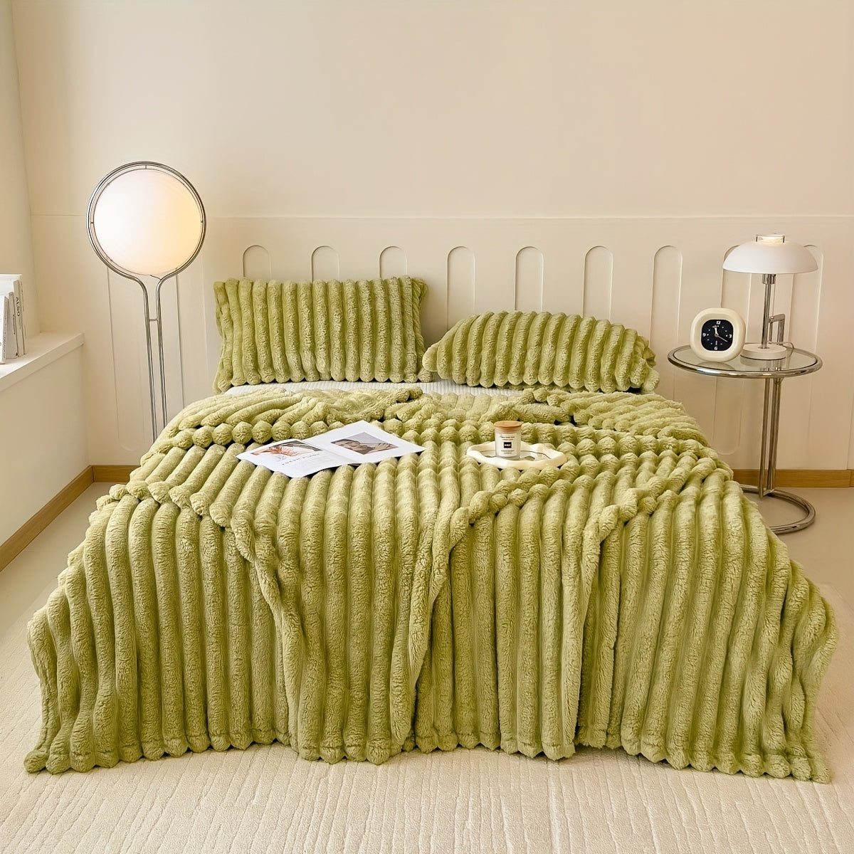 Cozy Contemporary Striped Plush Blanket made with Thickened Polyester Knit Fabric, Perfect for All Seasons. Can be used as a Bedspread, Nap Blanket, or even as a Pet Blanket. Weighs 250-300gsm.