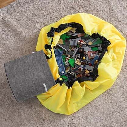 Toy storage basket and play mat that doubles as a quick storage bag for toys, featuring a durable design with drawstring closure and zipper lids for easy organization in the home.