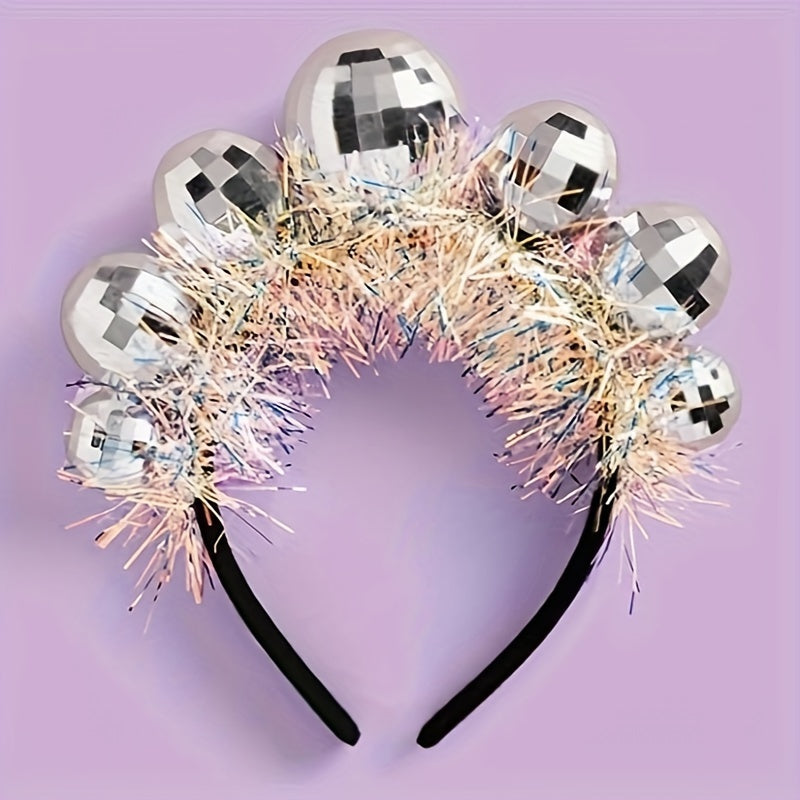 Headwear for Christmas and New Year Festival. Disco ball shaped hoop with glitter for a creative party look.