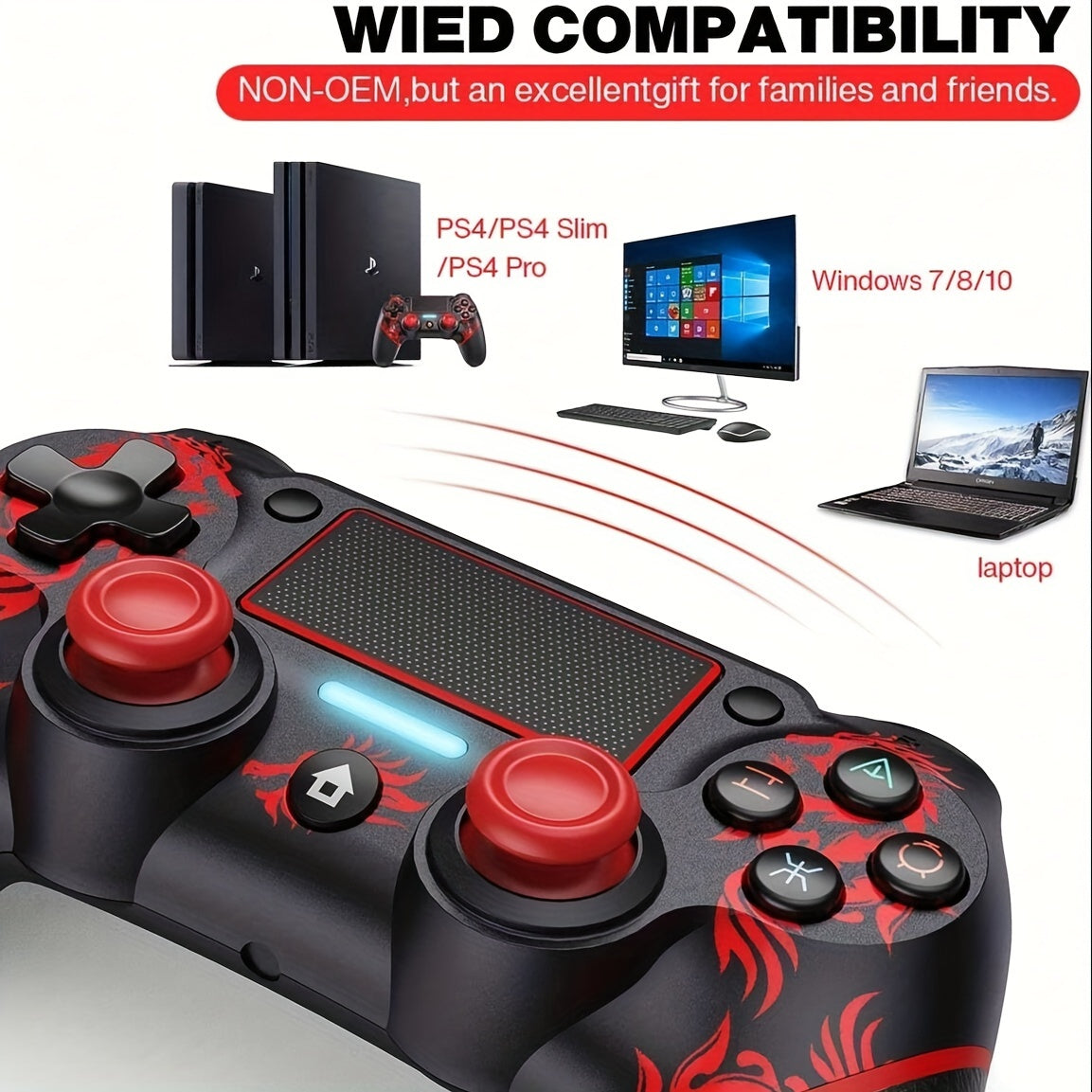 Wireless PS4 Controller with Dual Vibration, 6-Axis Controls, 3.5mm Audio Jack, Multi-Touch Pad, Red & Black Design. Compatible with PS4/Slim/Pro/PC/ios/Android/Tablet/Steam. Perfect for