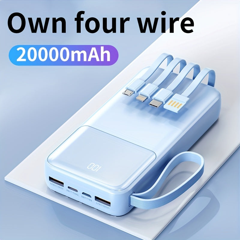 20000mAh Portable Power Bank with fast PD20W charging, 4 built-in charging cables, LED power display, lanyard. Suitable for iPhone/Android and other devices. Ideal for emergencies.