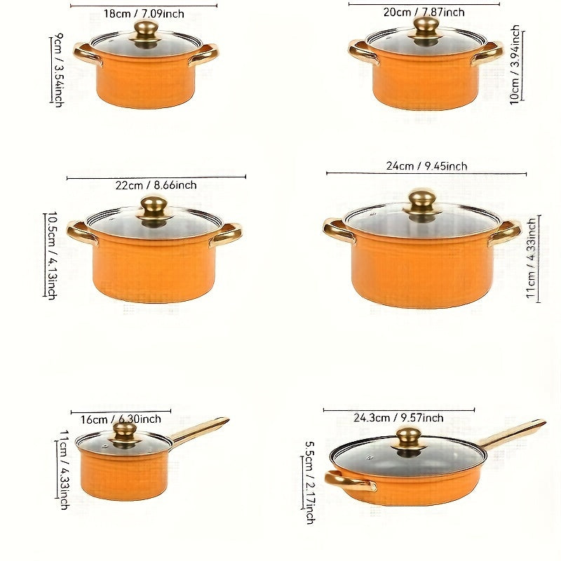 12-piece cookware set made of stainless steel with handles plated in gold. Features a non-stick coating, ideal for frying, steaming, and boiling.