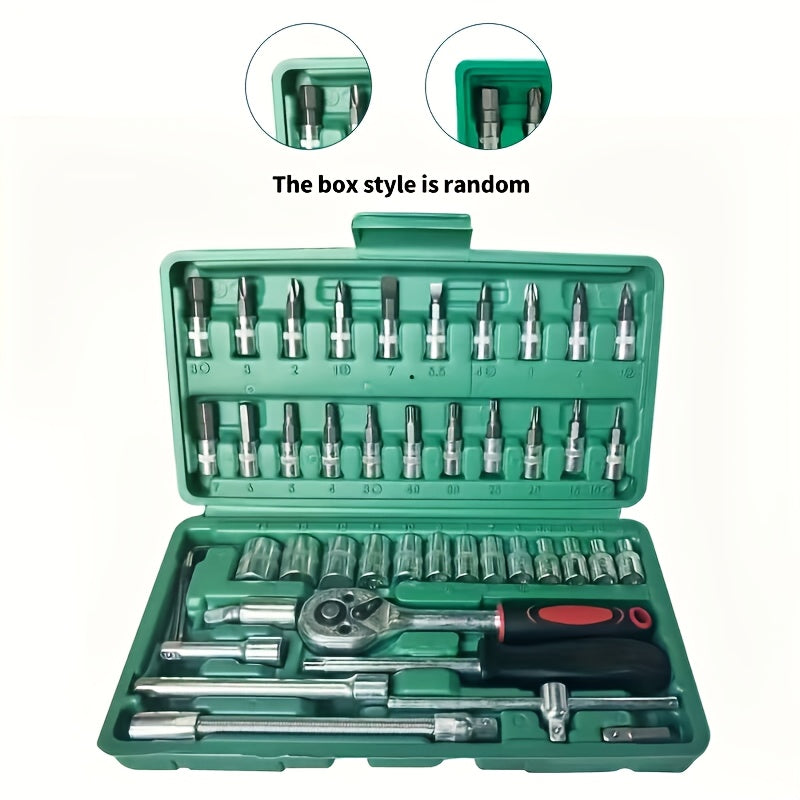 46-piece set includes 1/4" Drive Metal Socket and Ratchet Wrench with Metric Bit Socket, Extension Bar, and Storage Case for Auto Repair and Household use.