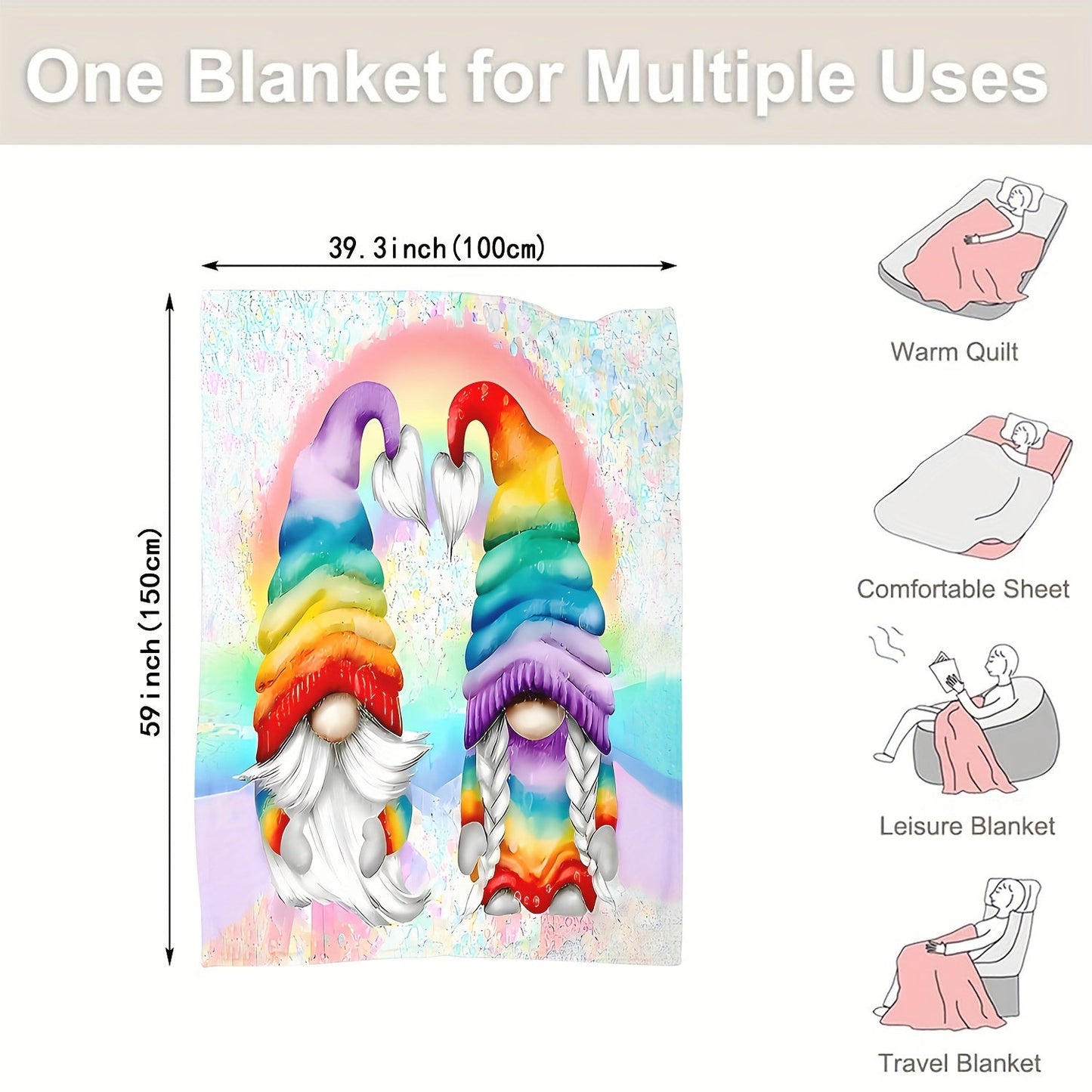 This cozy 1PC Contemporary Cartoon Gnome Throw Blanket is perfect for any sofa or bedroom. It is machine washable, stain resistant, and made of soft and warm knitted polyester. This decorative blanket can be used all year round and is ideal for travel