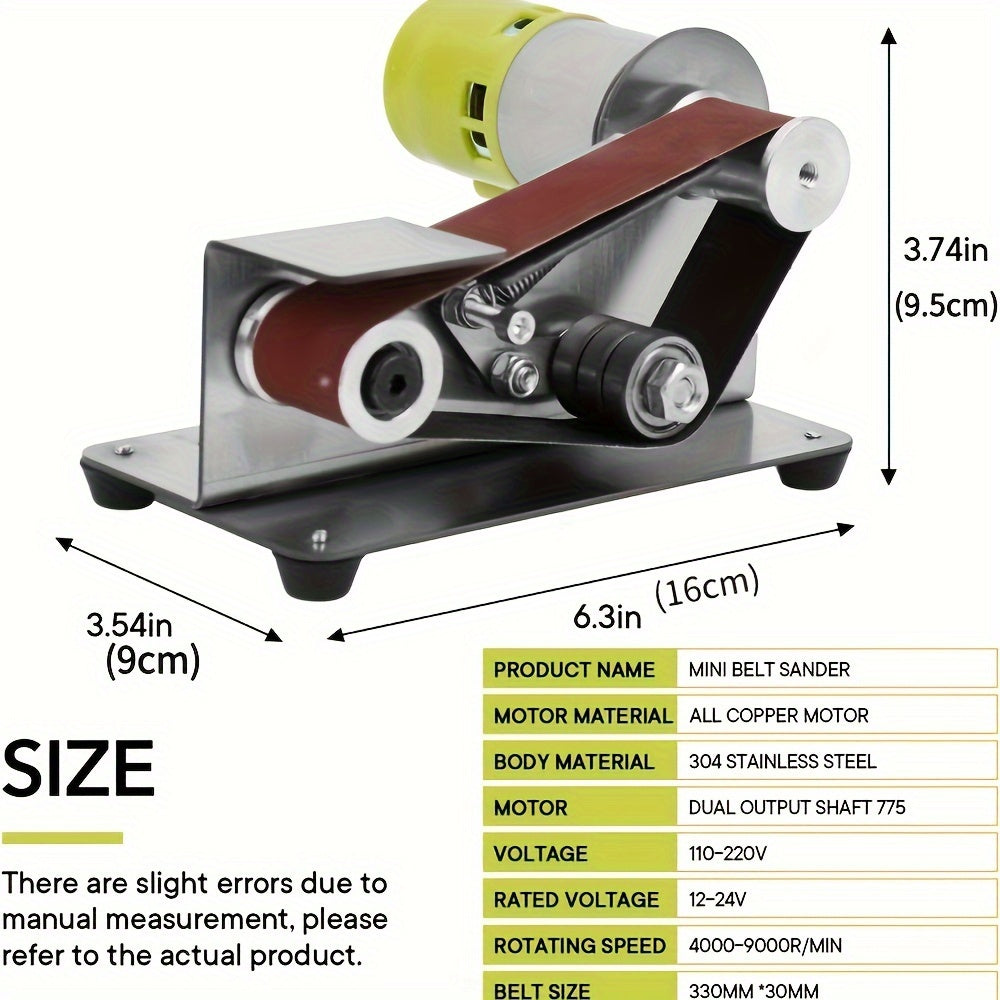 Mini belt sander with 7 adjustable speeds for sharpening knives and grinding metal and wood.