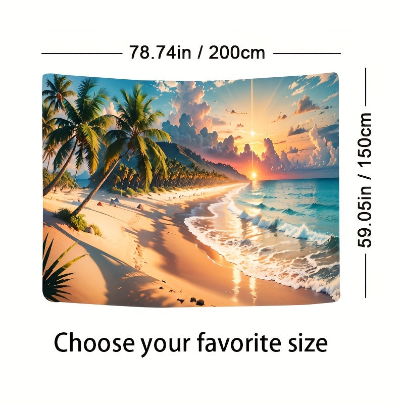 Tropical Beach Paradise Tapestry featuring Palm Trees and Sunset Beach, Stunning Artwork for Home Decor